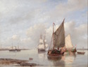 The estuary of a river with some fishing boats, a two-master and a steamship, signature P.J. Schotel, Dutch ca 1845